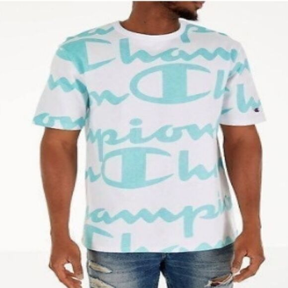 Men's Champion Heritage All-Over-Print Giant Script Crewneck Tee Ⓢ - Picture 1 of 5